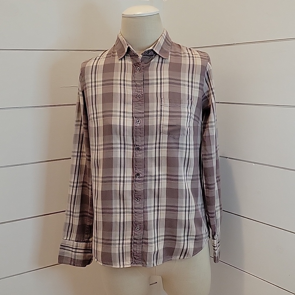 J CREW size 2 purple and cream plaid button down shirt